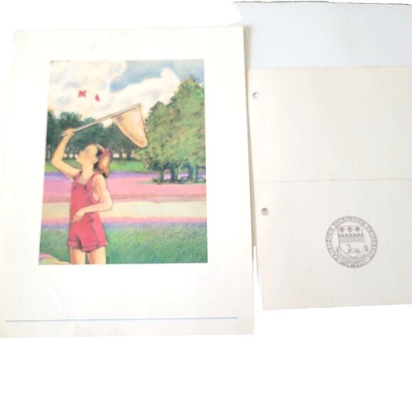 Fairleigh Dickinson Thank You Note Girl Chasing Butterflies Print Paper Ephemera - Picture 1 of 2